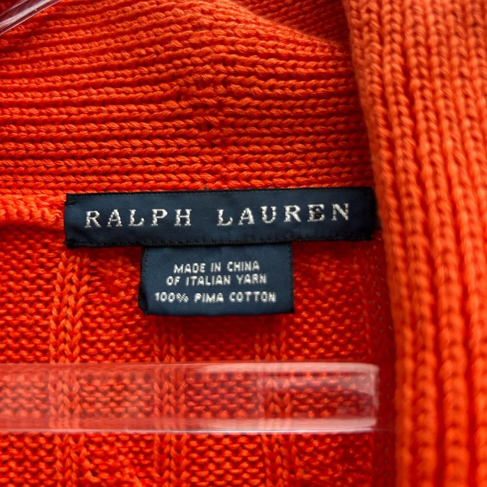 Ralph Lauren Cardigan Sweater Women M Orange Cable Knit 100% Pima Cotton Pockets - Picture 3 of 13